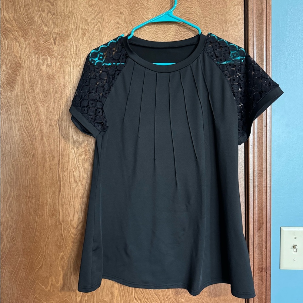 Black Short Sleeve Top with Lace Shoulders